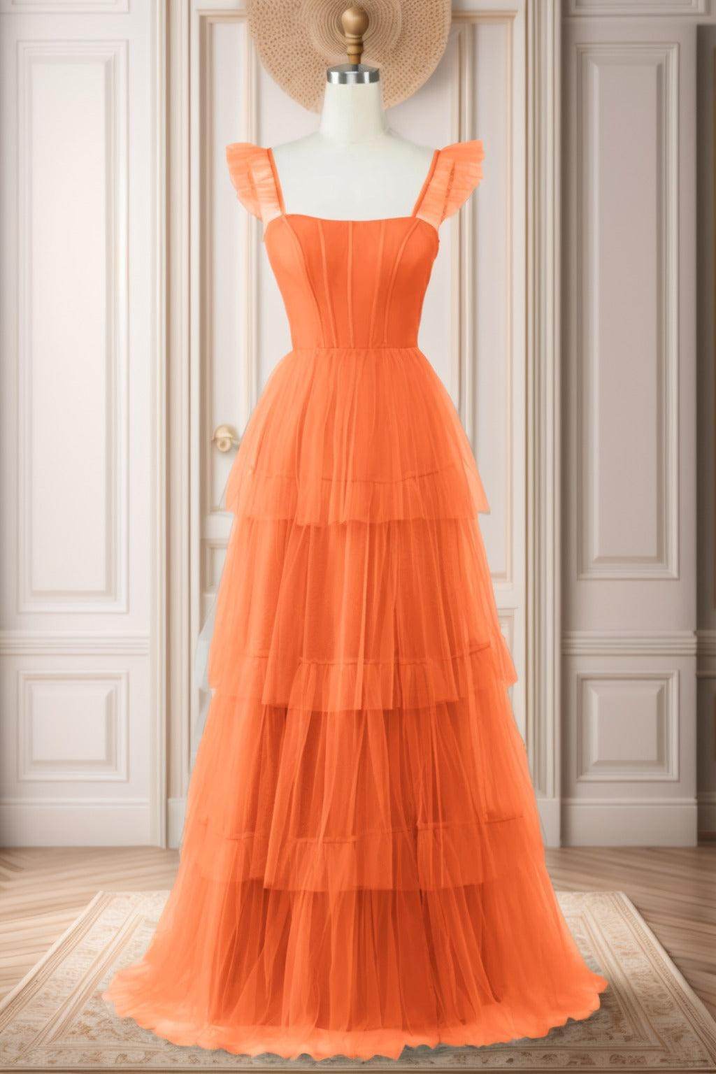 A-Line Sweep-Brush Train Tulle Prom Dress CS0471 - COCOMELODY
